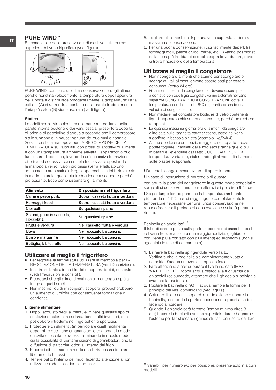 Pure wind, Utilizzare al meglio il frigorifero, Utilizzare al meglio il congelatore | Indesit BIAA-13-X-H User Manual | Page 16 / 68