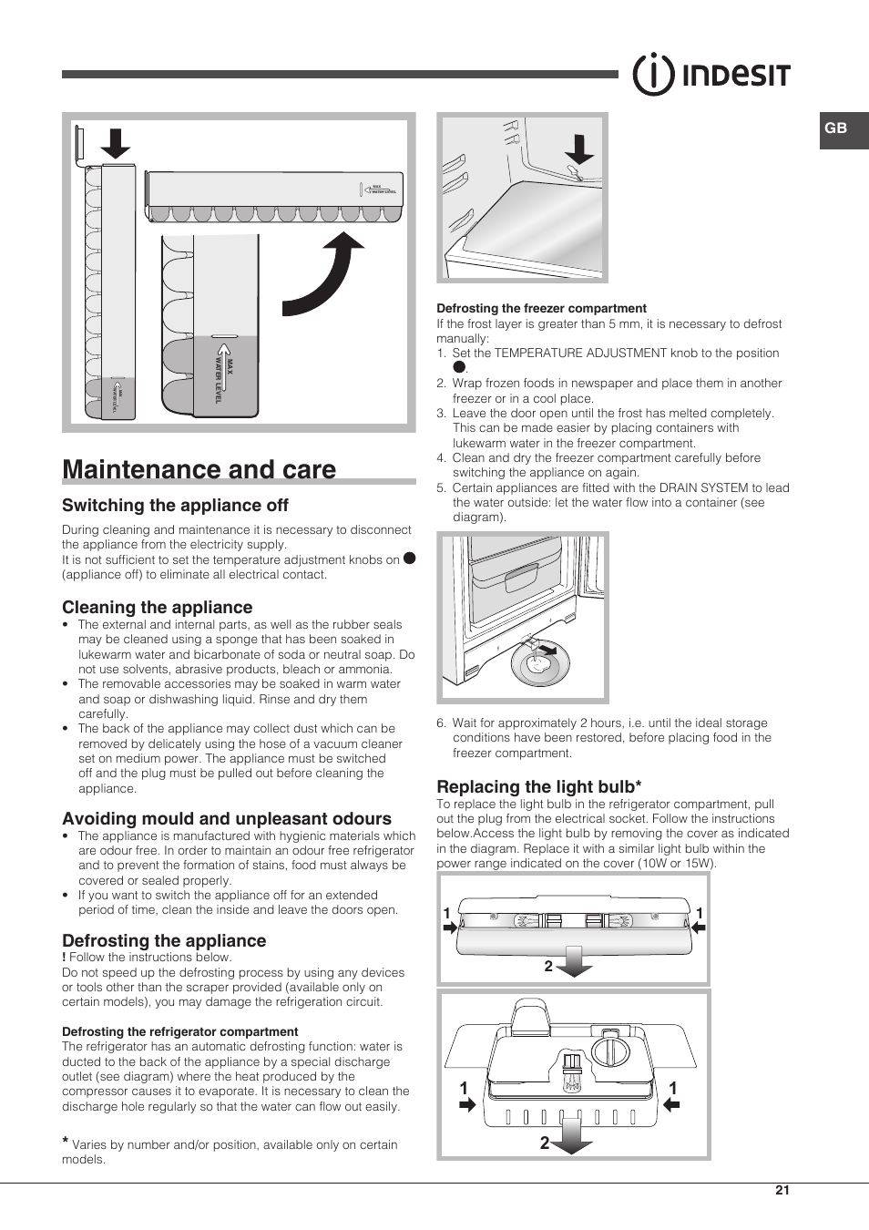 Maintenance and care, Switching the appliance off, Cleaning the appliance | Avoiding mould and unpleasant odours, Defrosting the appliance, Replacing the light bulb | Indesit BIAA-13-X-H User Manual | Page 21 / 68