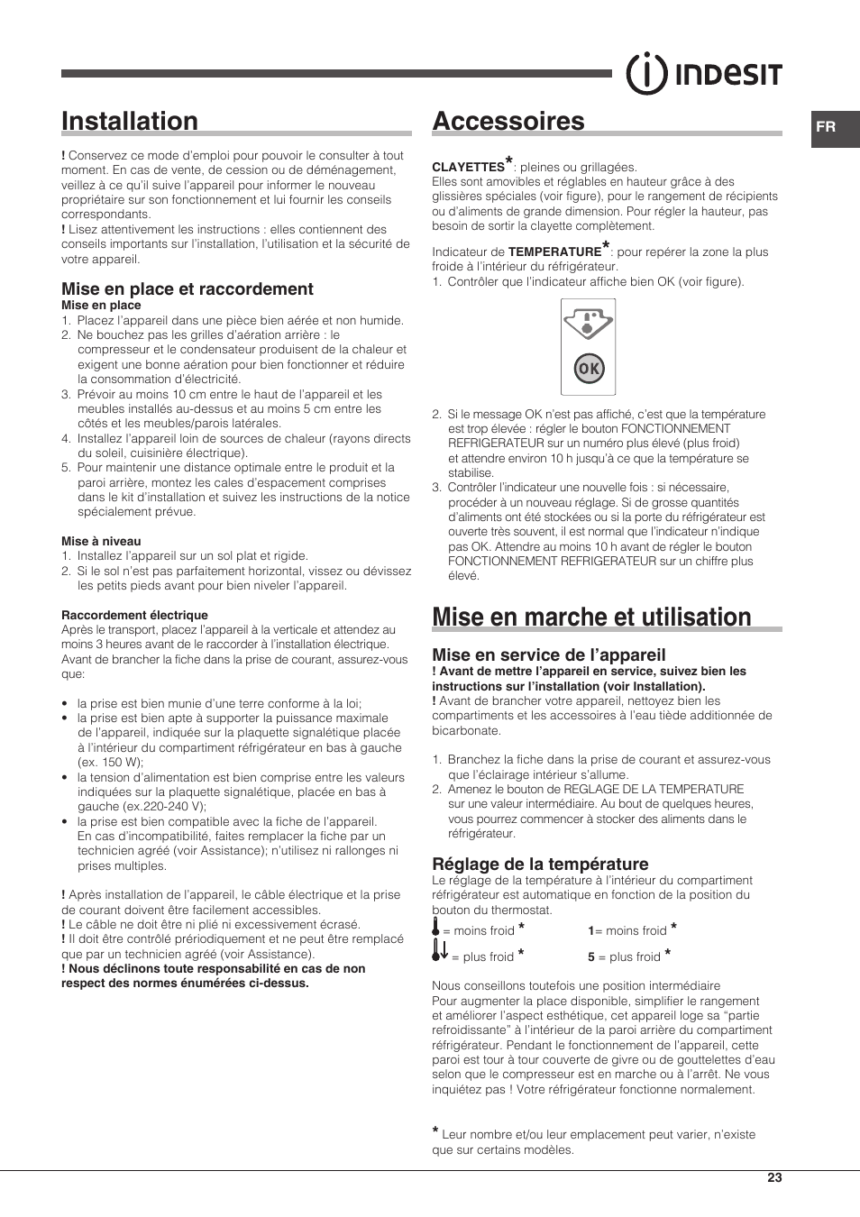 Installation, Accessoires, Mise en marche et utilisation | Mise en place et raccordement, Mise en service de l’appareil, Réglage de la température | Indesit BIAA-13-X-H User Manual | Page 23 / 68