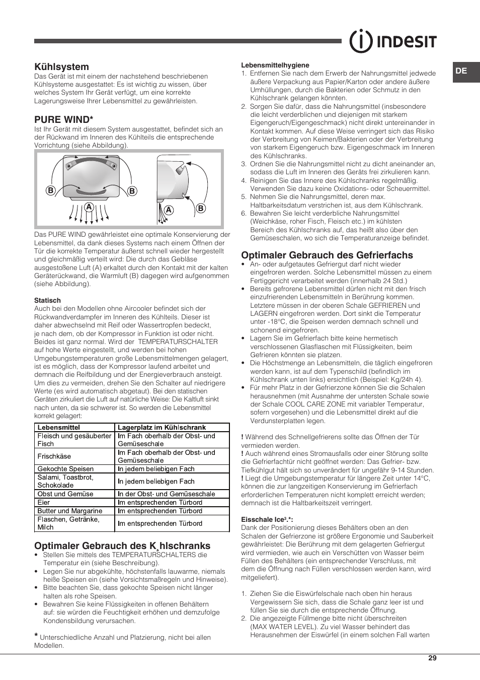 Kühlsystem, Pure wind, Optimaler gebrauch des k¸hlschranks | Optimaler gebrauch des gefrierfachs | Indesit BIAA-13-X-H User Manual | Page 29 / 68