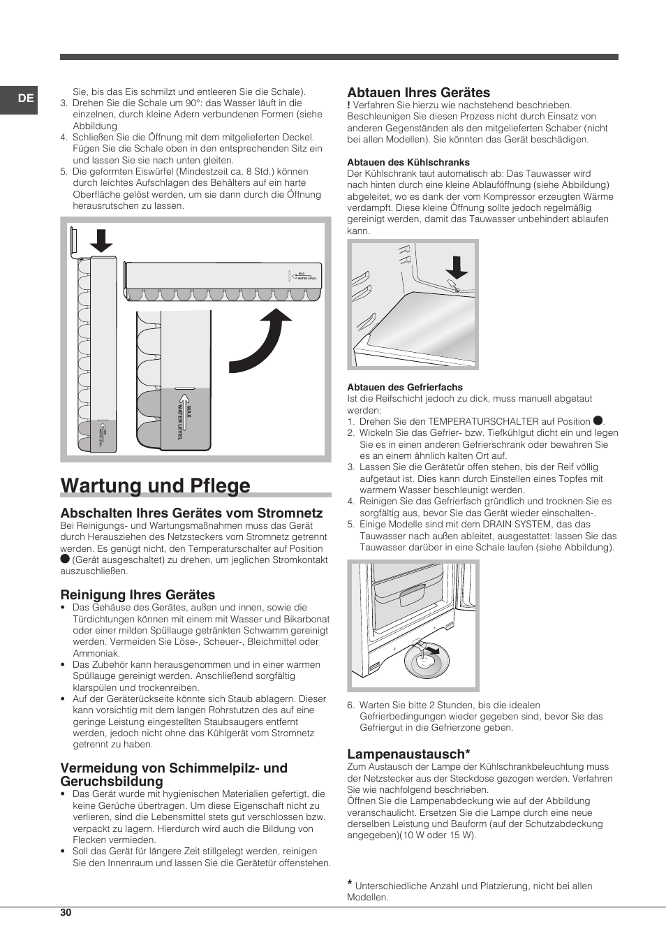 Wartung und pflege, Abschalten ihres gerätes vom stromnetz, Reinigung ihres gerätes | Vermeidung von schimmelpilz- und geruchsbildung, Abtauen ihres gerätes, Lampenaustausch | Indesit BIAA-13-X-H User Manual | Page 30 / 68
