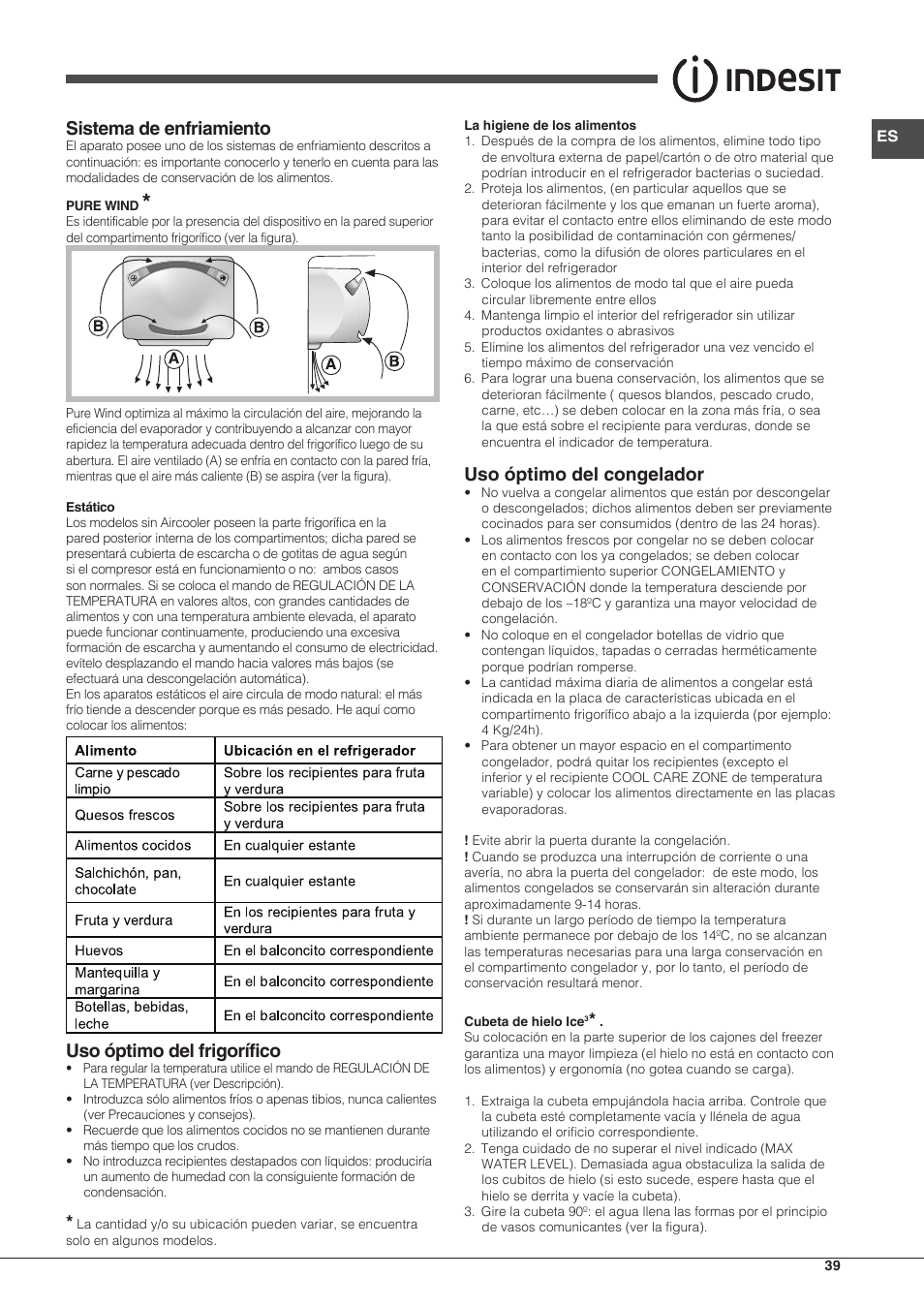 Sistema de enfriamiento, Uso óptimo del frigorífico, Uso óptimo del congelador | Indesit BIAA-13-X-H User Manual | Page 39 / 68