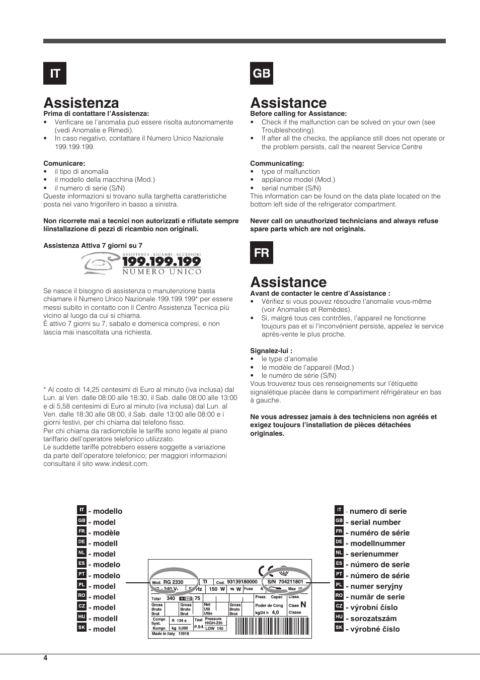 Assistenza, Assistance | Indesit BIAA-13-X-H User Manual | Page 4 / 68