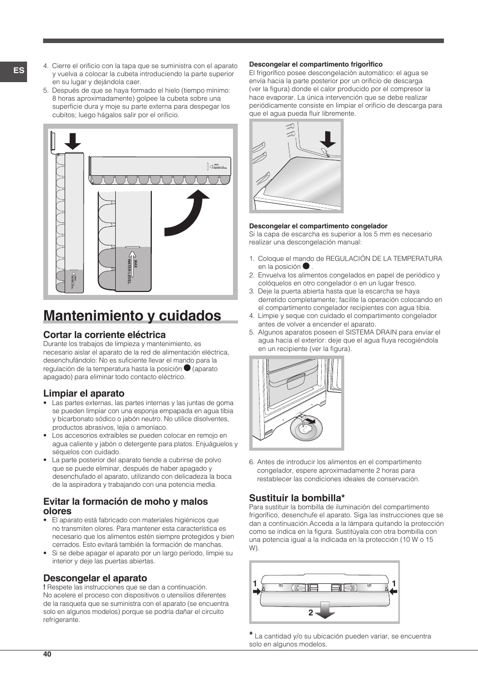 Mantenimiento y cuidados, Cortar la corriente eléctrica, Limpiar el aparato | Evitar la formación de moho y malos olores, Descongelar el aparato, Sustituir la bombilla | Indesit BIAA-13-X-H User Manual | Page 40 / 68