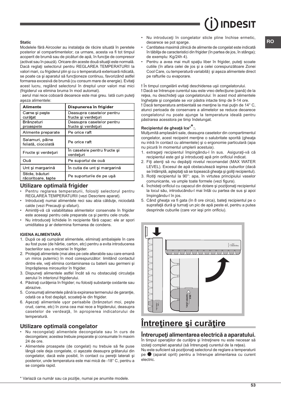 Întreţinere şi curăţire, Utilizare optimală frigider, Utilizare optimală congelator | Întrerupeţi alimentarea electrică a aparatului | Indesit BIAA-13-X-H User Manual | Page 53 / 68