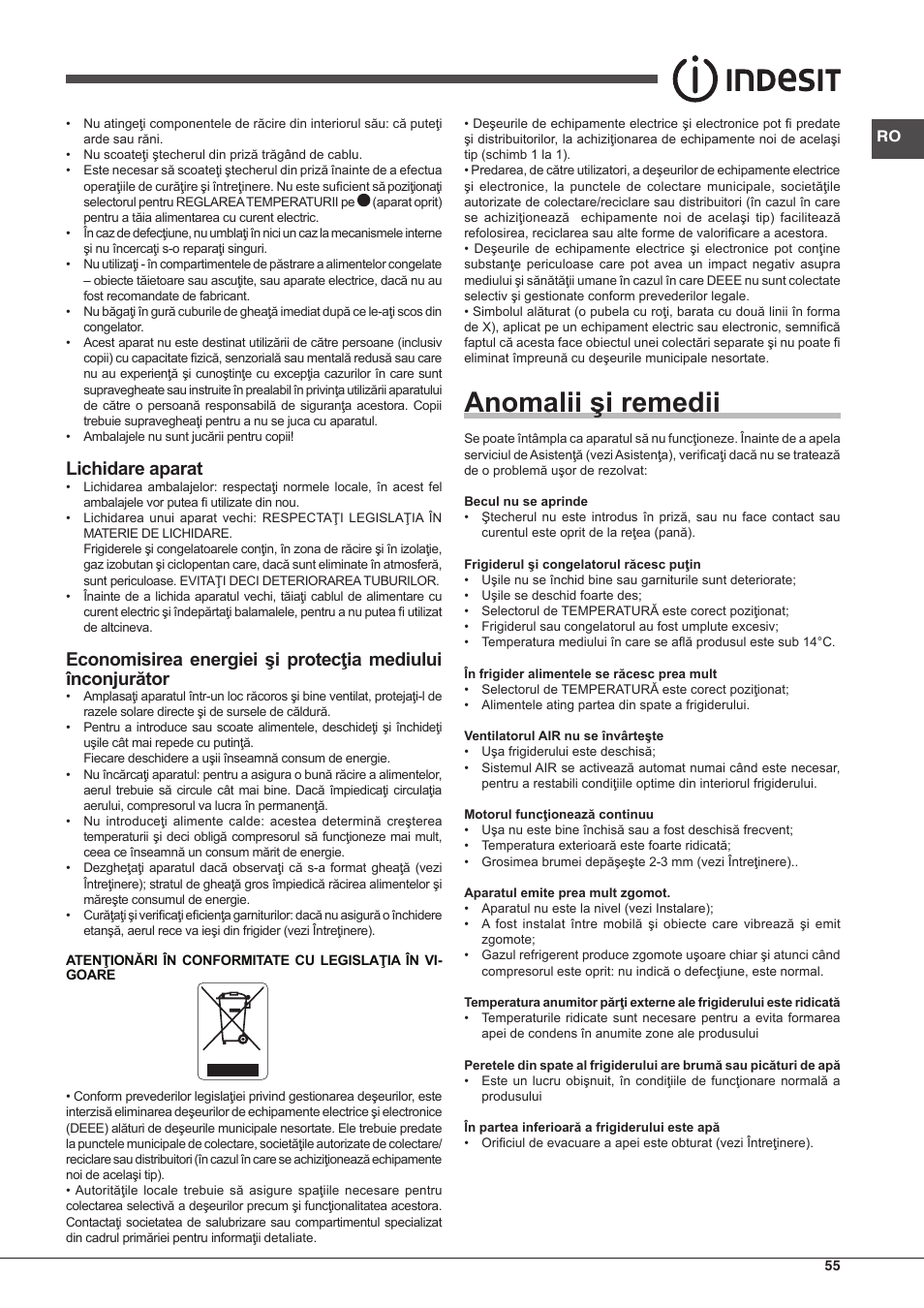 Anomalii şi remedii, Lichidare aparat | Indesit BIAA-13-X-H User Manual | Page 55 / 68