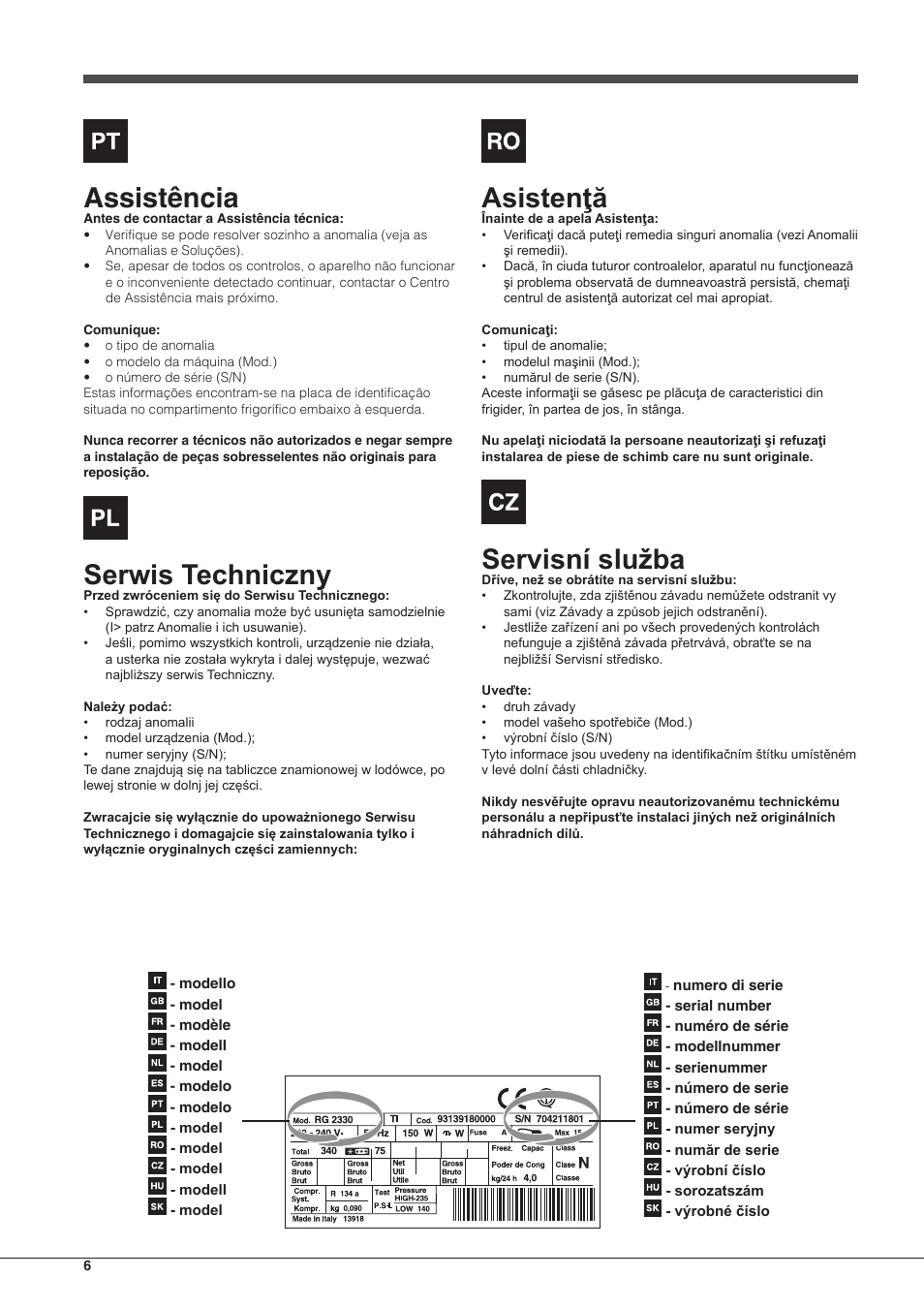 Assistência, Serwis techniczny, Asistenţă | Servisní služba | Indesit BIAA-13-X-H User Manual | Page 6 / 68