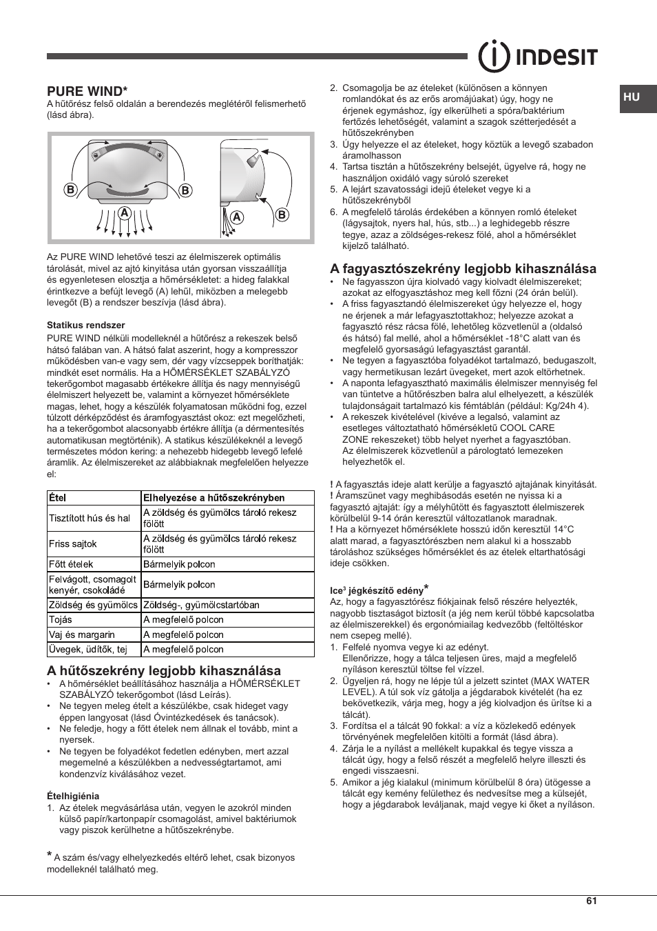 A hűtőszekrény legjobb kihasználása, A fagyasztószekrény legjobb kihasználása, Pure wind | Indesit BIAA-13-X-H User Manual | Page 61 / 68