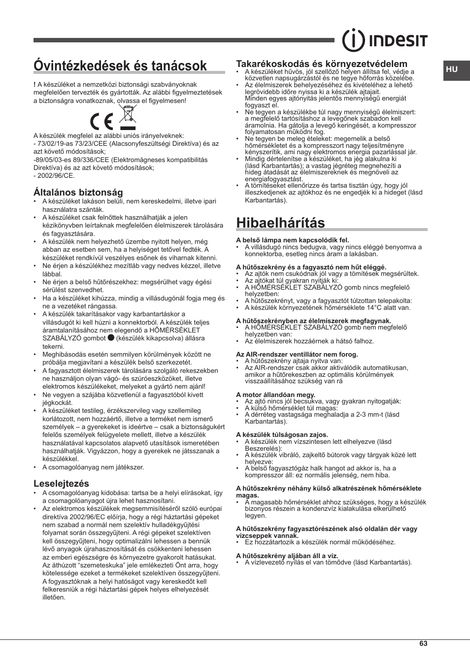 Óvintézkedések és tanácsok, Hibaelhárítás, Általános biztonság | Leselejtezés, Takarékoskodás és környezetvédelem | Indesit BIAA-13-X-H User Manual | Page 63 / 68