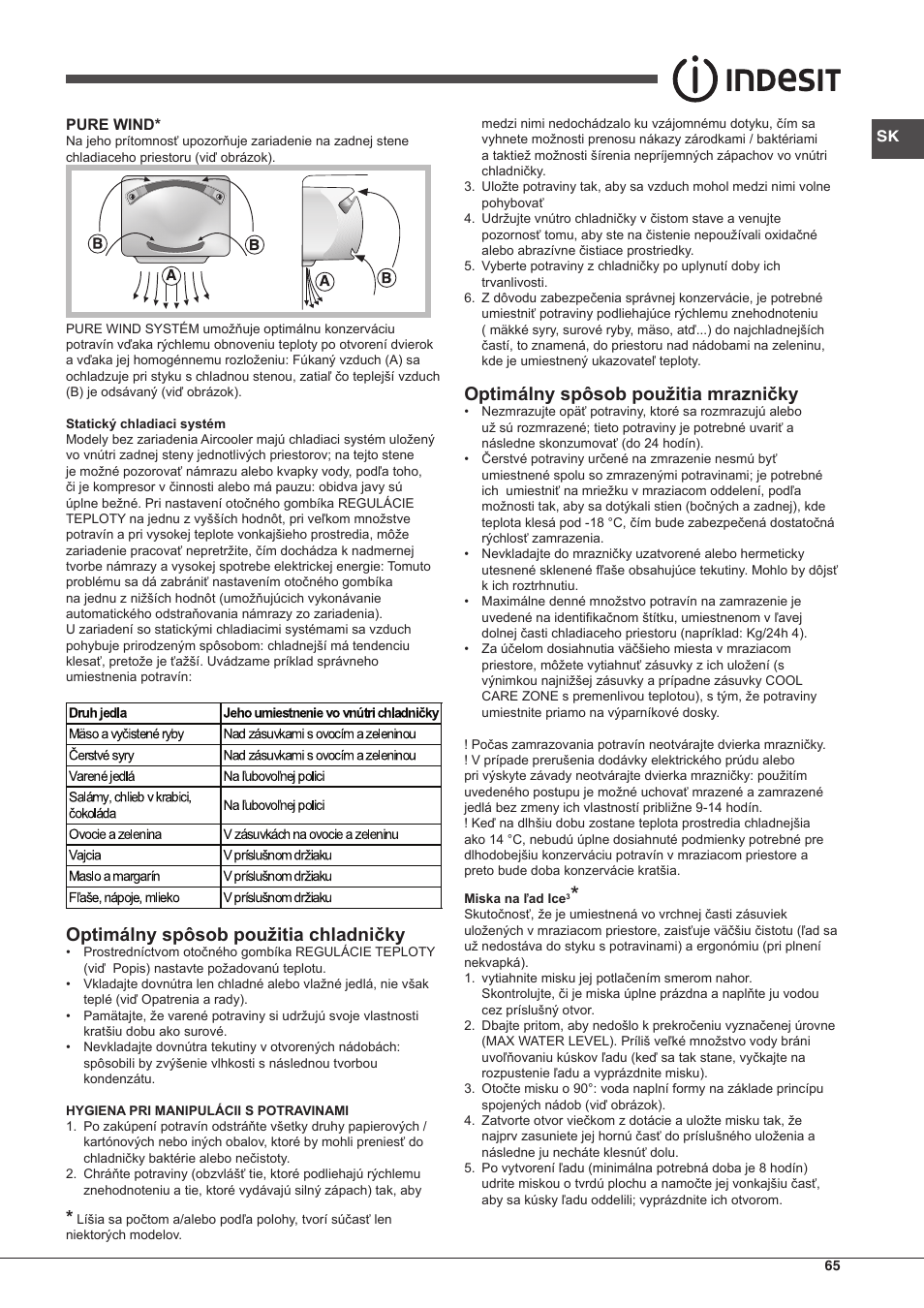 Optimálny spôsob použitia chladničky, Optimálny spôsob použitia mrazničky | Indesit BIAA-13-X-H User Manual | Page 65 / 68