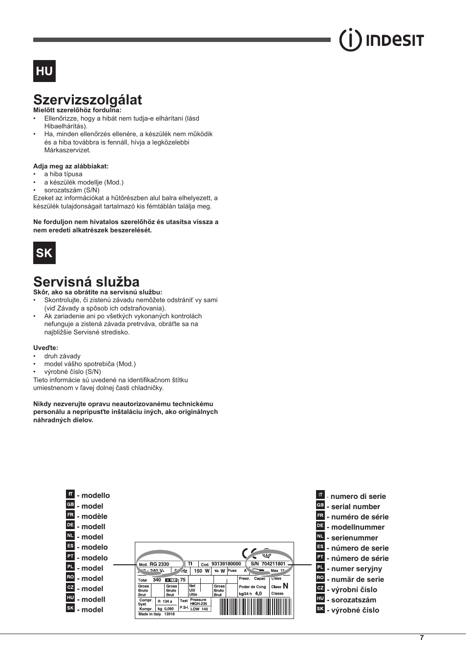 Szervizszolgálat, Servisná služba | Indesit BIAA-13-X-H User Manual | Page 7 / 68