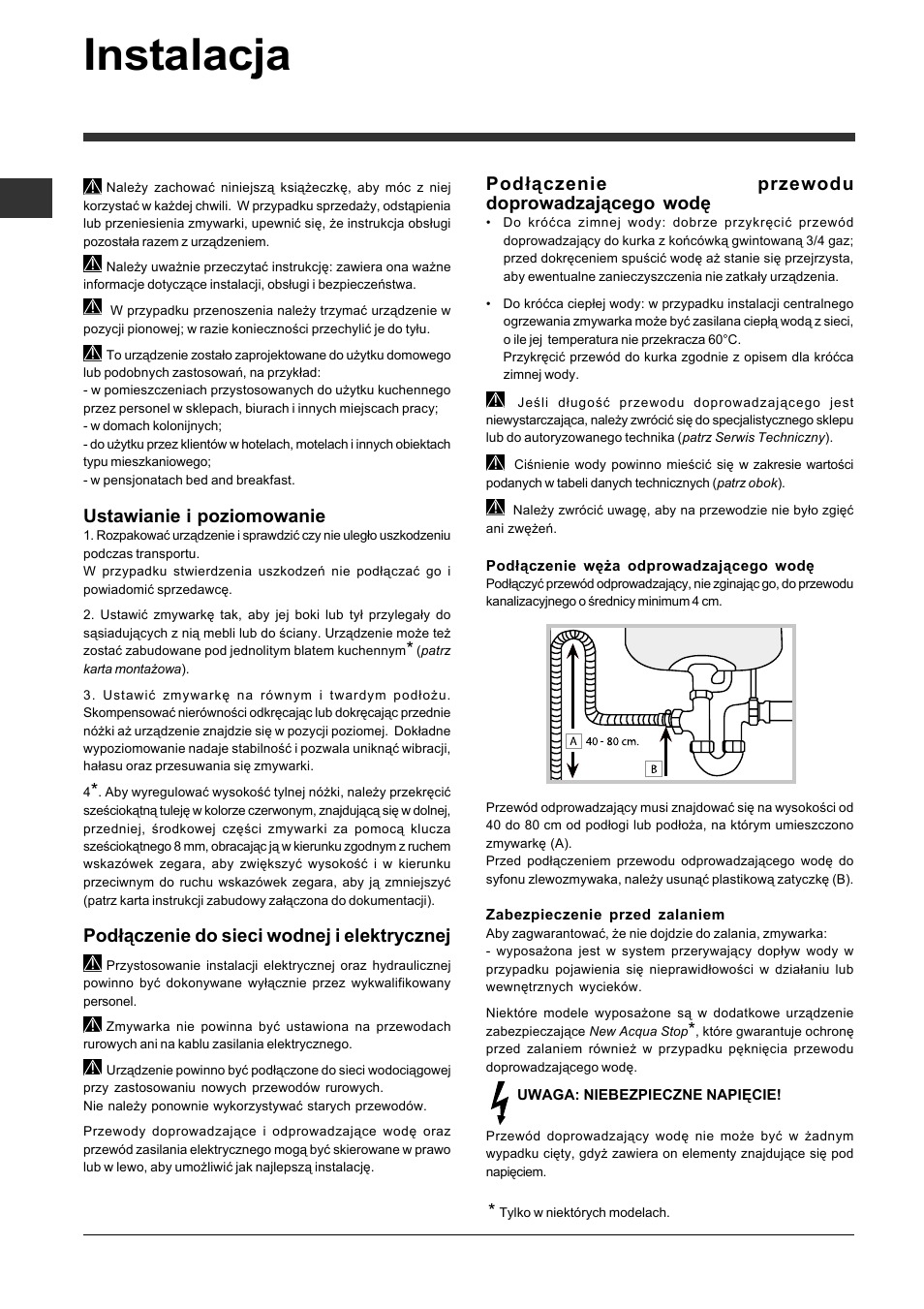 Instalacja, Ustawianie i poziomowanie, Podłączenie do sieci wodnej i elektrycznej | Podłączenie przewodu doprowadzającego wodę | Indesit DFP-5841M-NX-EU User Manual | Page 62 / 84