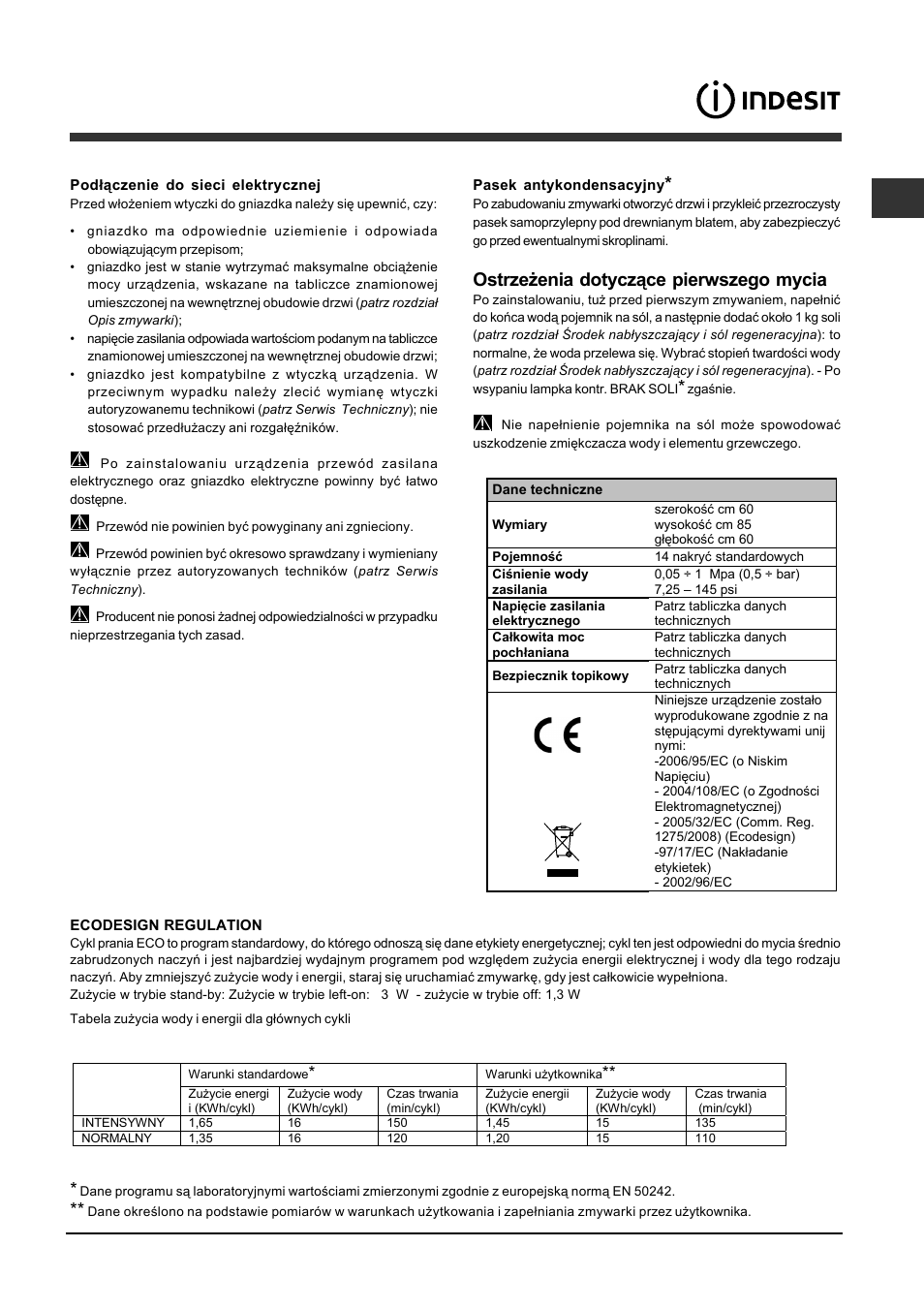 Ostrzeżenia dotyczące pierwszego mycia | Indesit DFP-5841M-NX-EU User Manual | Page 63 / 84