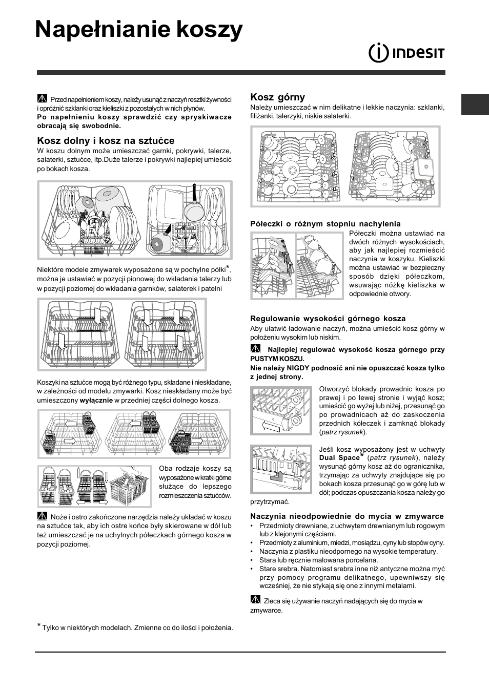 Napełnianie koszy, Kosz dolny i kosz na sztućce, Kosz górny | Indesit DFP-5841M-NX-EU User Manual | Page 65 / 84