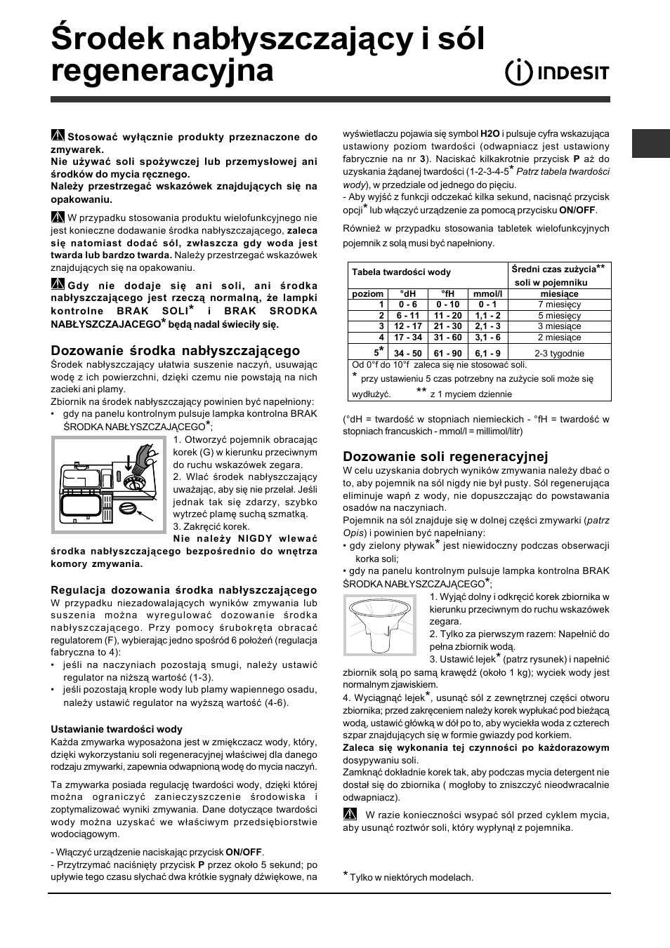 Środek nabłyszczający i sól regeneracyjna, Dozowanie środka nabłyszczającego, Dozowanie soli regeneracyjnej | Indesit DFP-5841M-NX-EU User Manual | Page 69 / 84