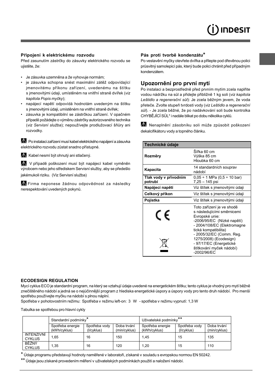 Upozornění pro první mytí | Indesit DFP-5841M-NX-EU User Manual | Page 75 / 84