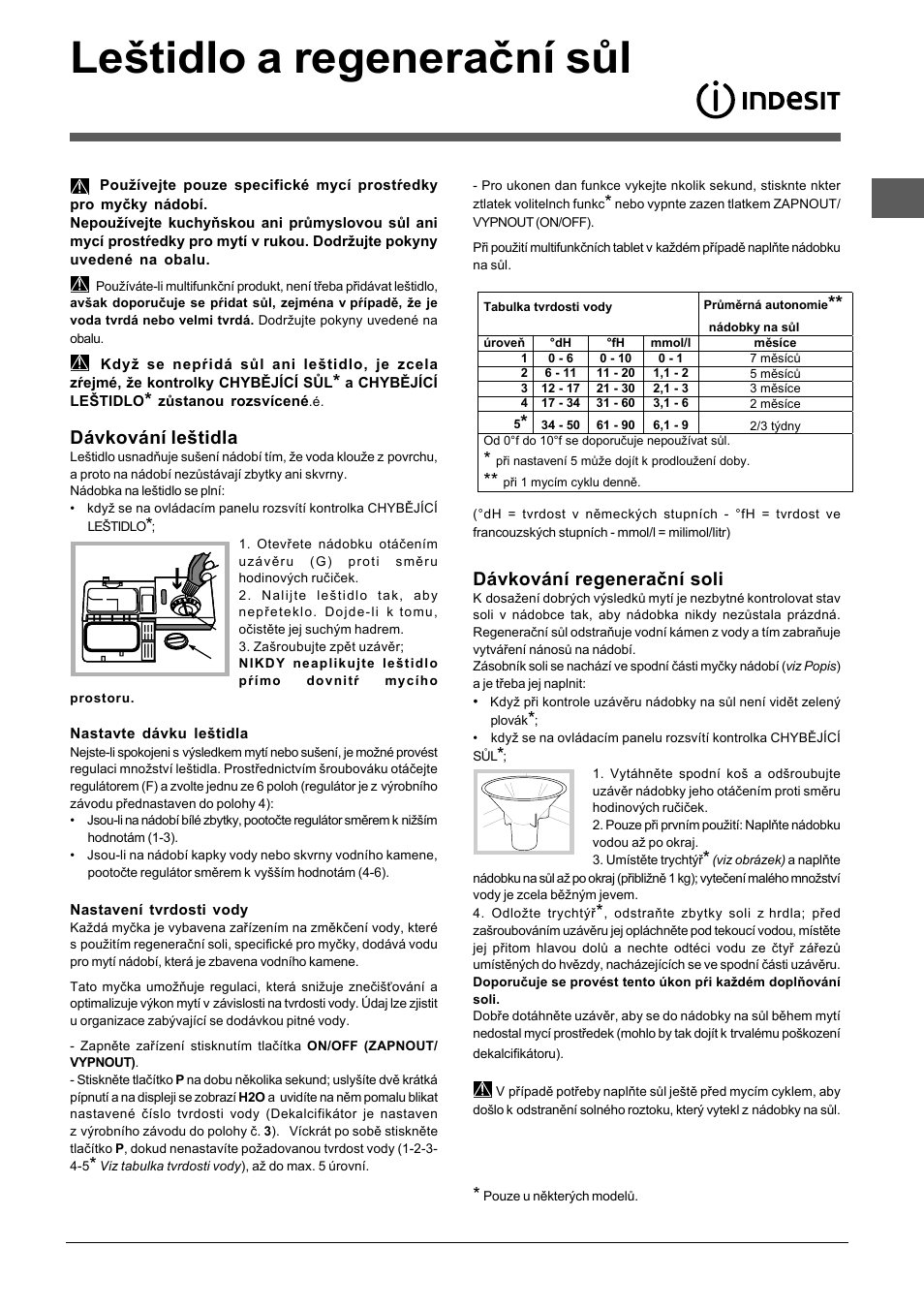 Leštidlo a regenerační sůl, Dávkování leštidla, Dávkování regenerační soli | Indesit DFP-5841M-NX-EU User Manual | Page 81 / 84
