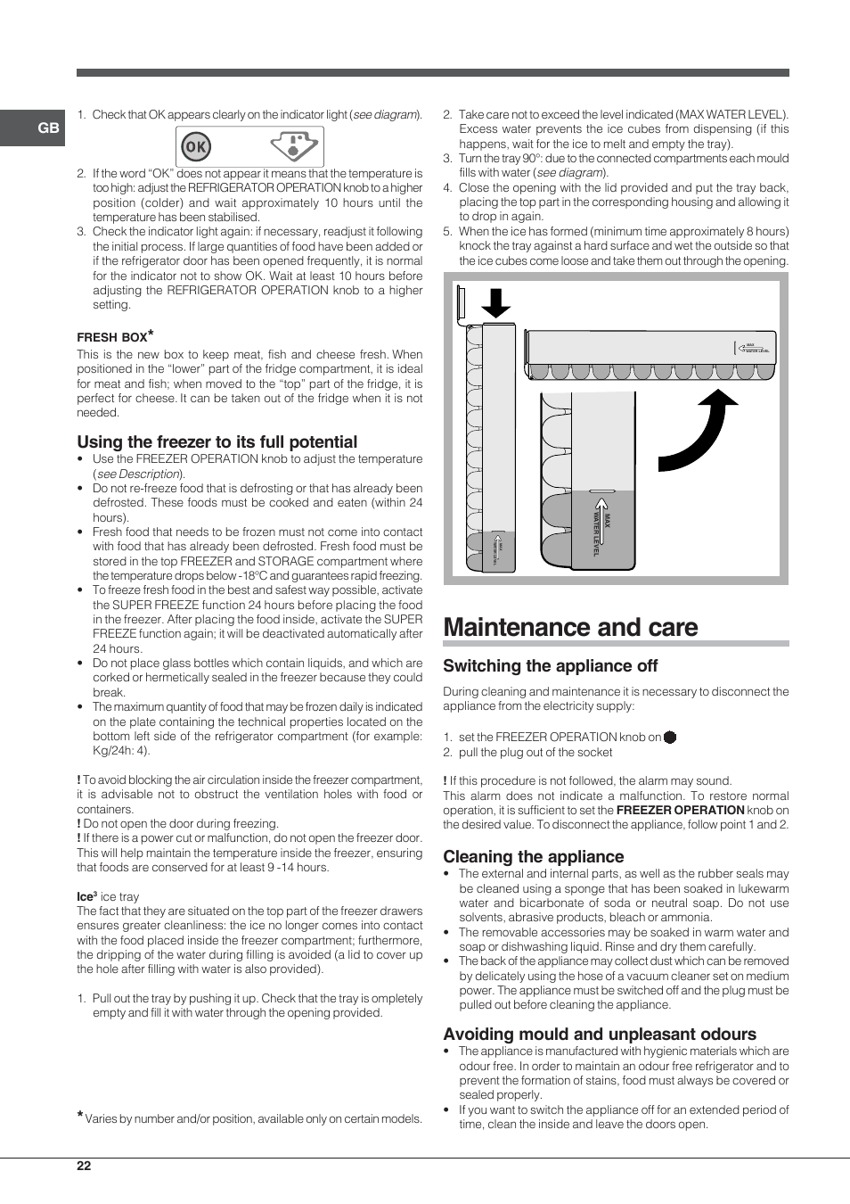 Maintenance and care, Using the freezer to its full potential, Switching the appliance off | Cleaning the appliance, Avoiding mould and unpleasant odours | Indesit PBAA-33-F-X User Manual | Page 22 / 52