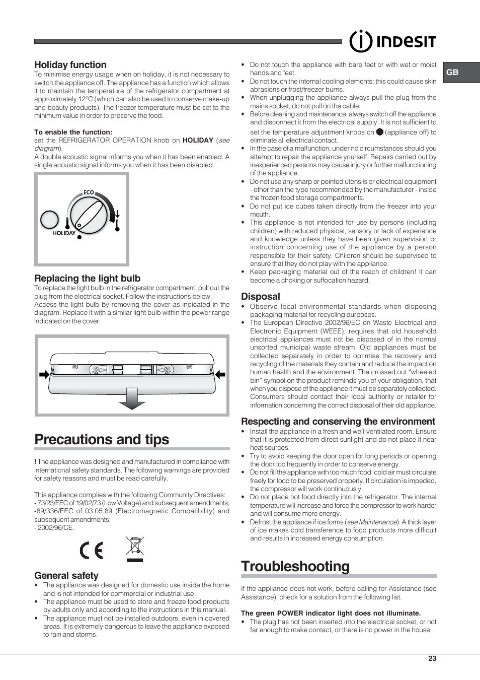 Precautions and tips, Troubleshooting, Holiday function | Replacing the light bulb, General safety, Disposal, Respecting and conserving the environment | Indesit PBAA-33-F-X User Manual | Page 23 / 52