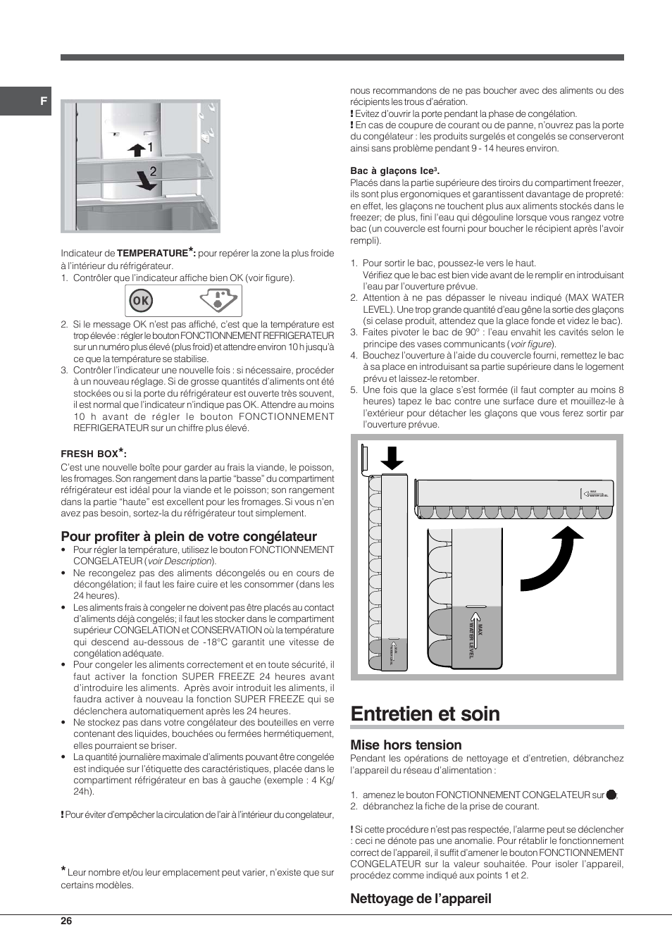 Entretien et soin, Pour profiter à plein de votre congélateur, Mise hors tension | Nettoyage de l’appareil | Indesit PBAA-33-F-X User Manual | Page 26 / 52