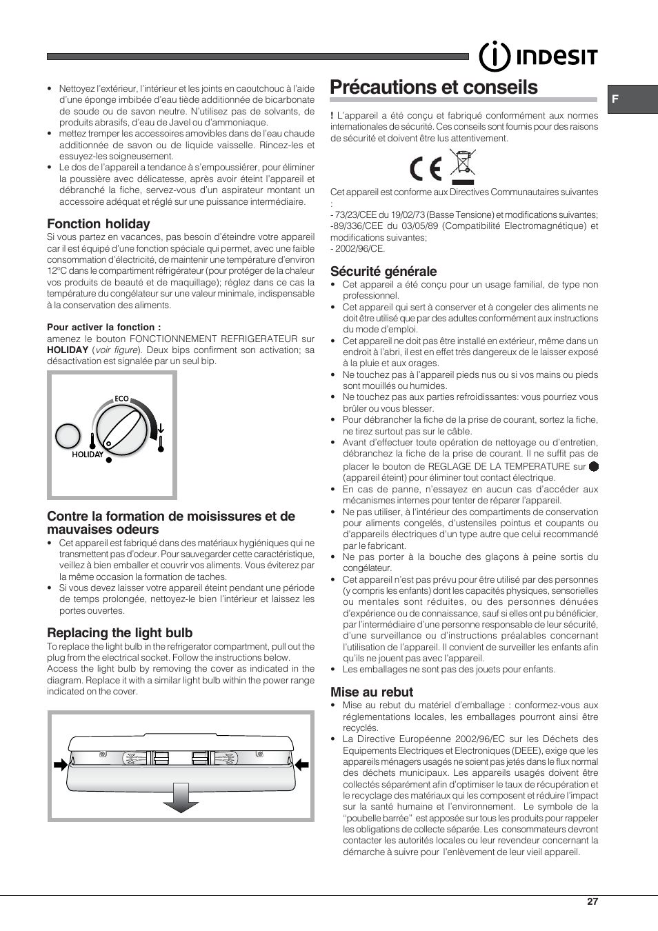 Précautions et conseils, Fonction holiday, Replacing the light bulb | Sécurité générale, Mise au rebut | Indesit PBAA-33-F-X User Manual | Page 27 / 52