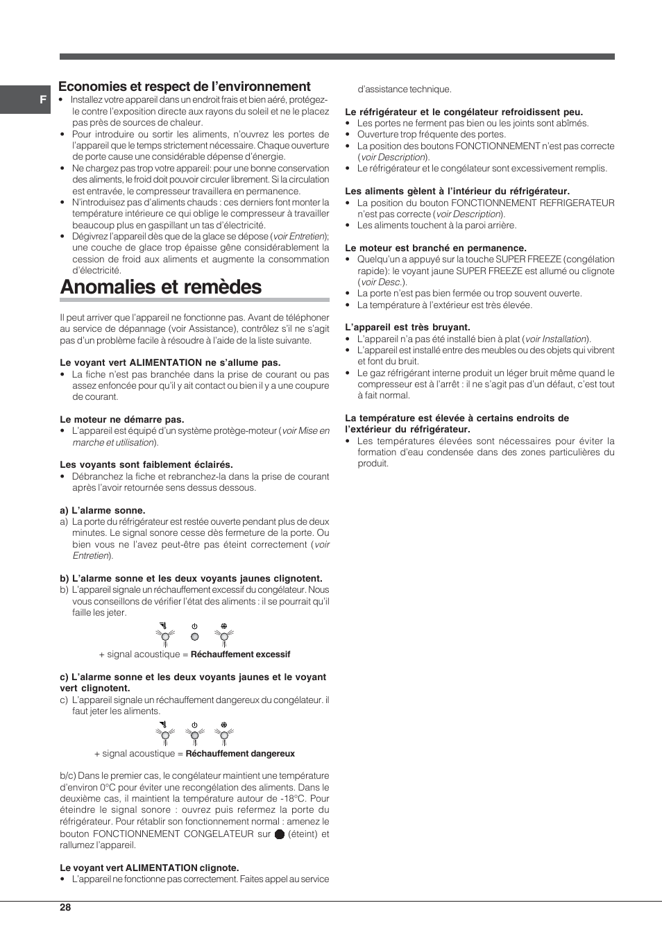 Anomalies et remèdes, Economies et respect de l’environnement | Indesit PBAA-33-F-X User Manual | Page 28 / 52