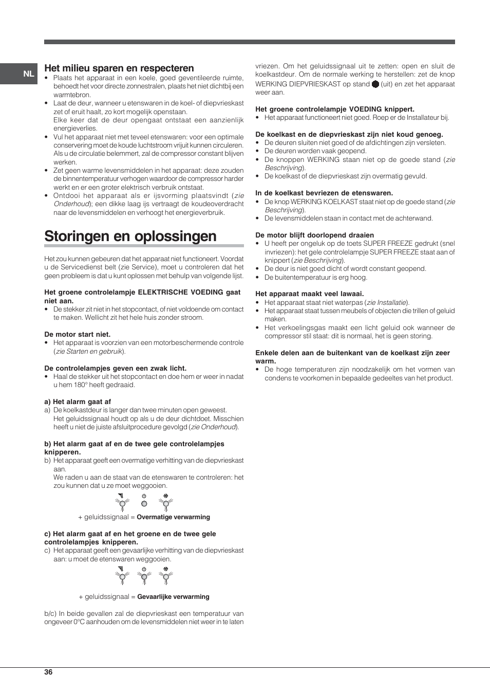 Storingen en oplossingen, Het milieu sparen en respecteren | Indesit PBAA-33-F-X User Manual | Page 36 / 52