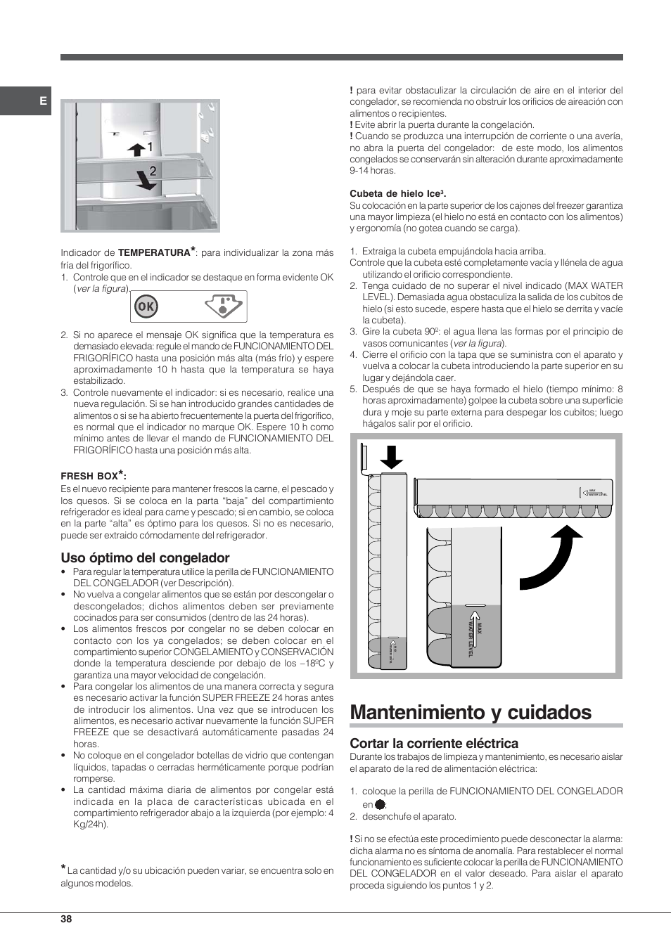 Mantenimiento y cuidados, Uso óptimo del congelador, Cortar la corriente eléctrica | Indesit PBAA-33-F-X User Manual | Page 38 / 52