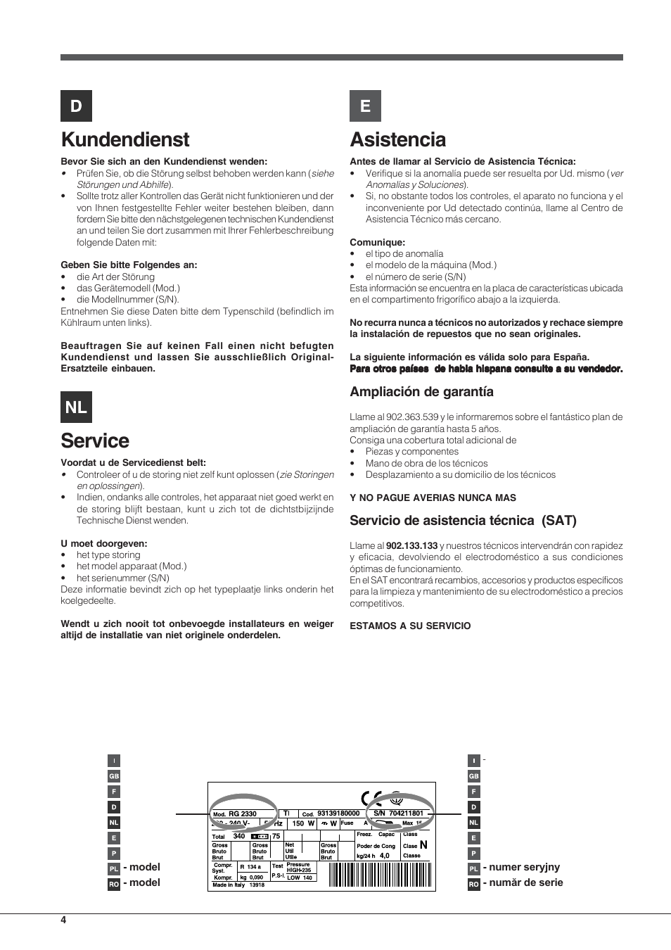 Kundendienst, Service, Asistencia | Ampliación de garantía, Servicio de asistencia técnica (sat) | Indesit PBAA-33-F-X User Manual | Page 4 / 52