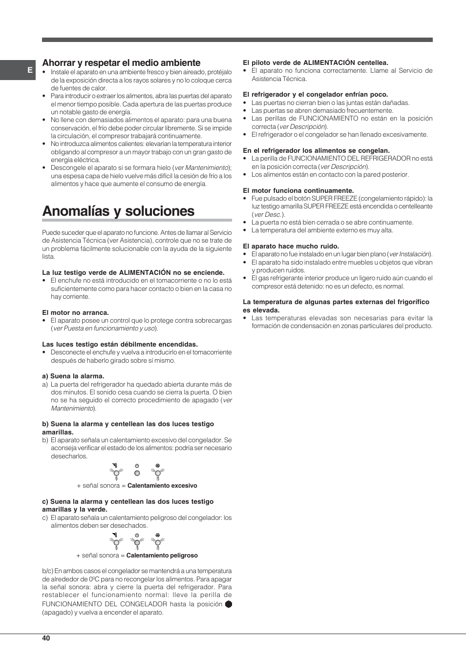 Anomalías y soluciones, Ahorrar y respetar el medio ambiente | Indesit PBAA-33-F-X User Manual | Page 40 / 52