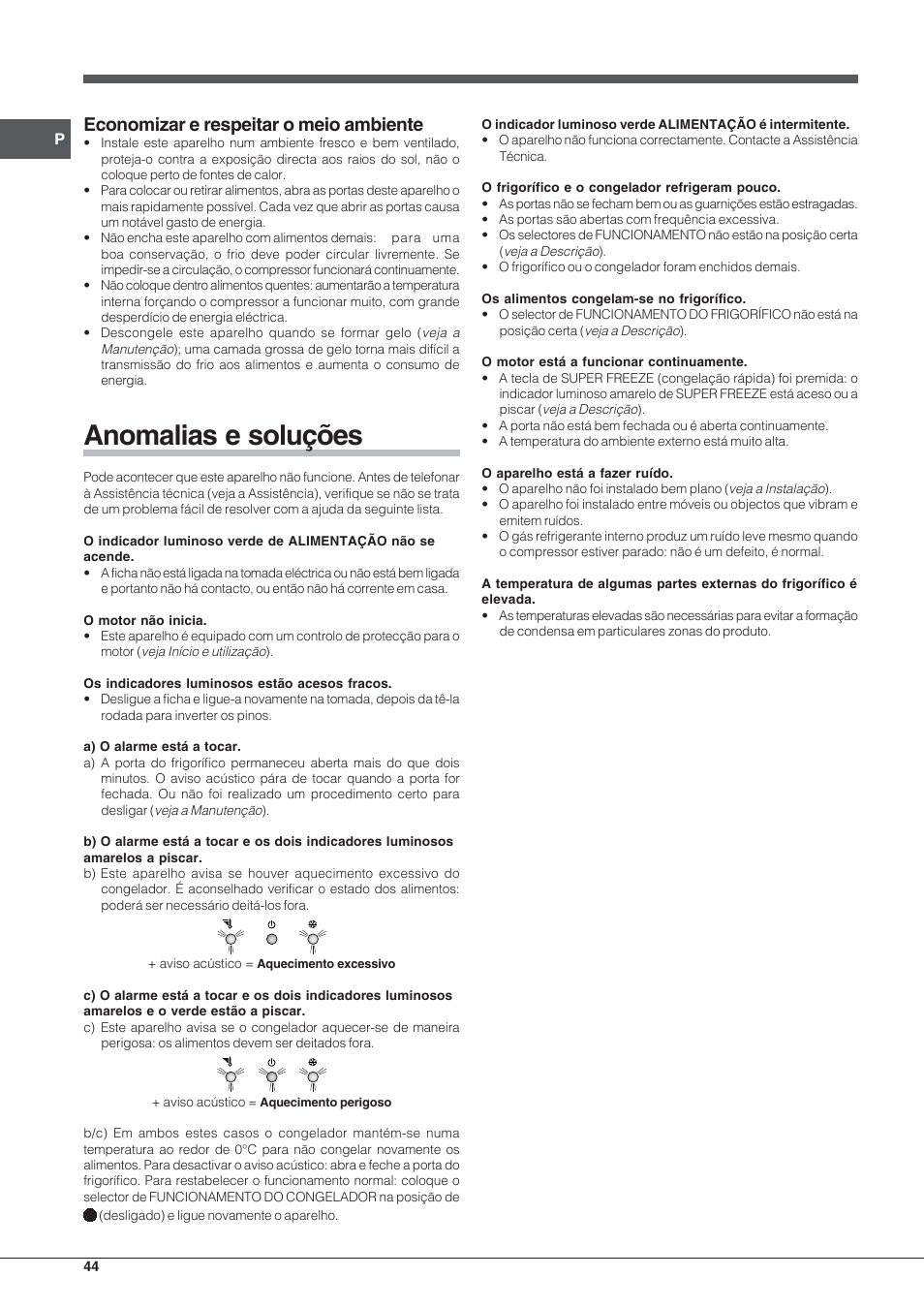 Anomalias e soluções, Economizar e respeitar o meio ambiente | Indesit PBAA-33-F-X User Manual | Page 44 / 52