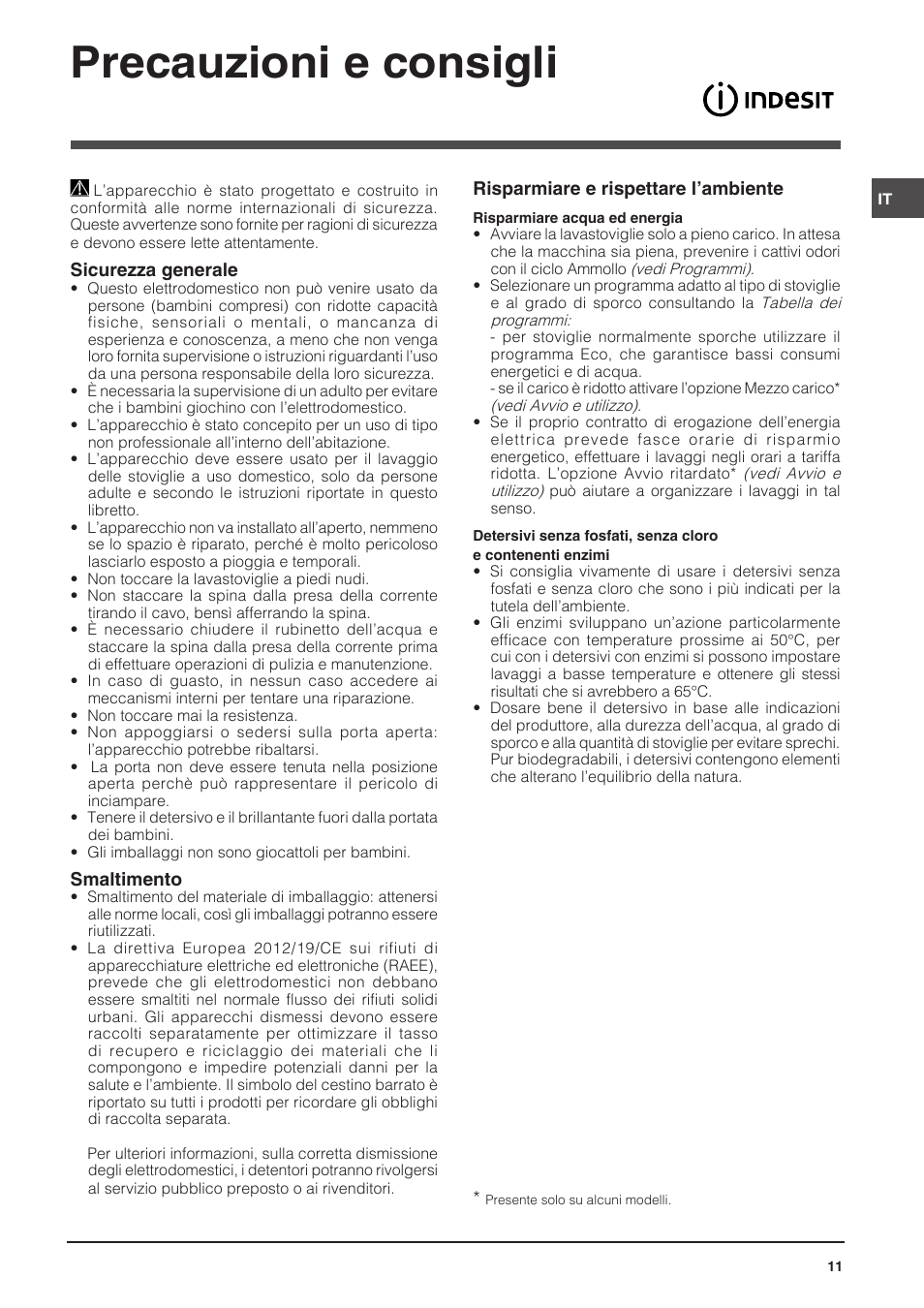 Precauzioni e consigli | Indesit DISP-547 User Manual | Page 11 / 76