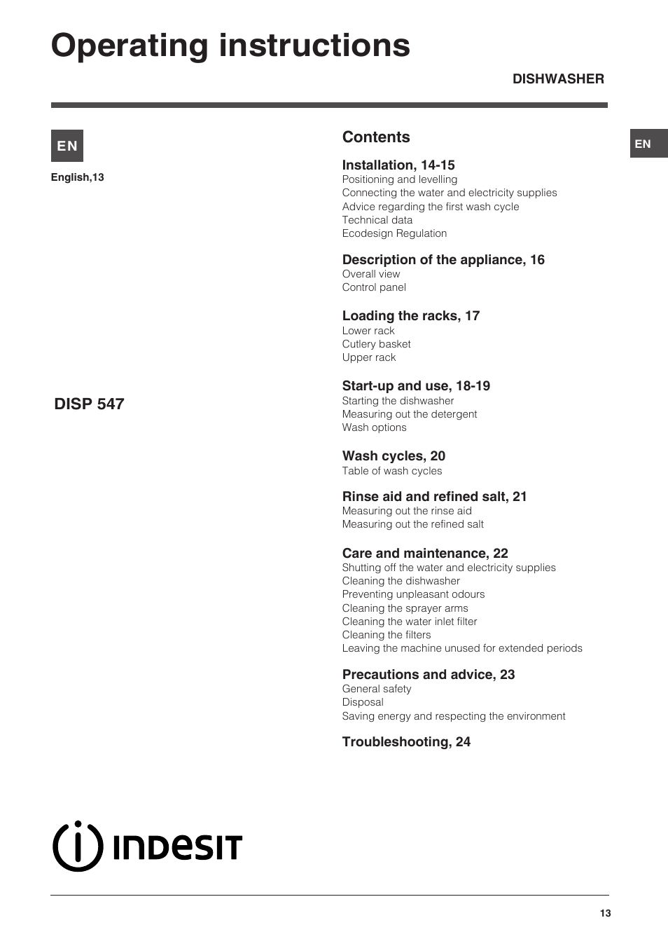 Indesit DISP-547 User Manual | Page 13 / 76