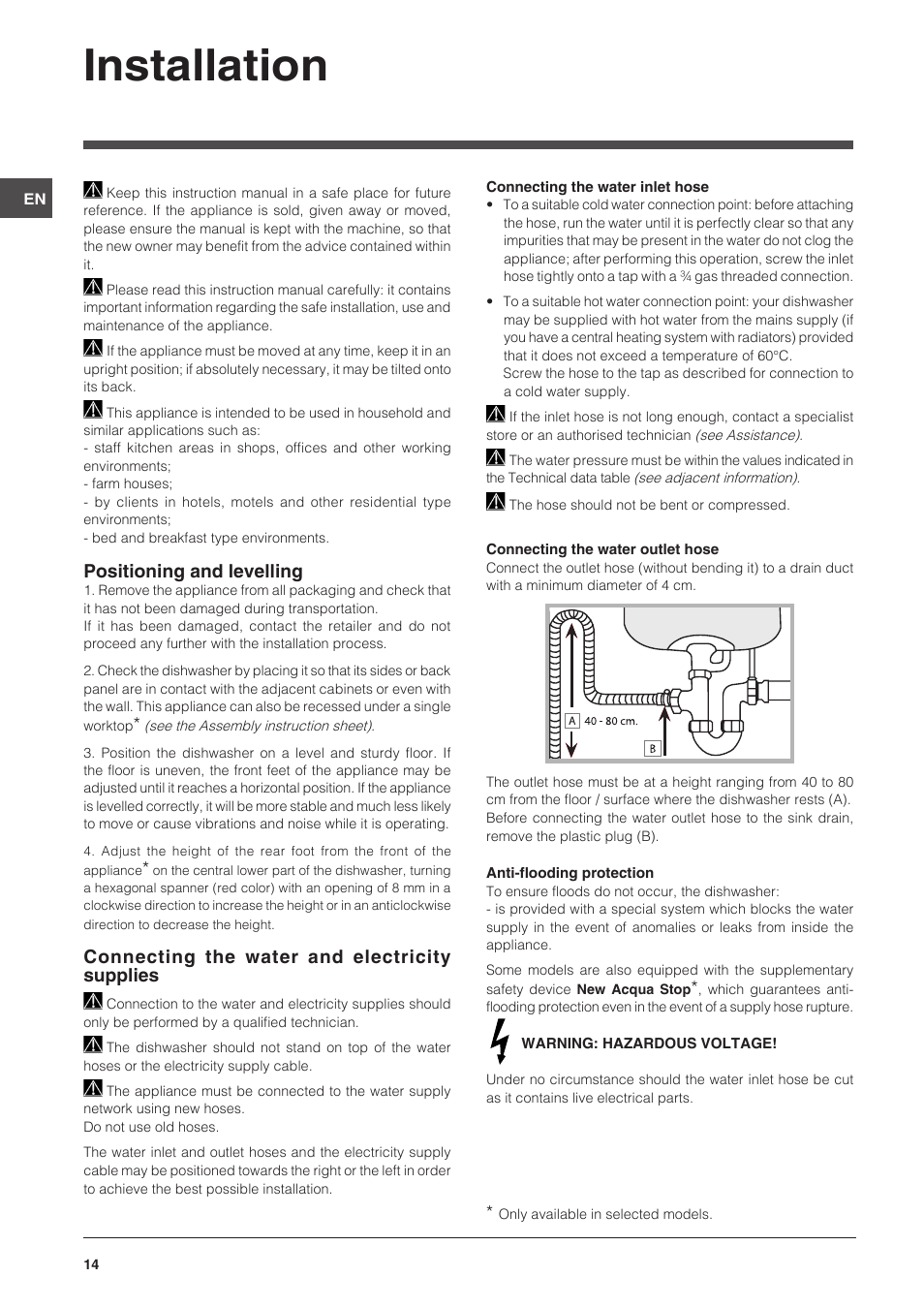 Installation, Positioning and levelling, Connecting the water and electricity supplies | Indesit DISP-547 User Manual | Page 14 / 76