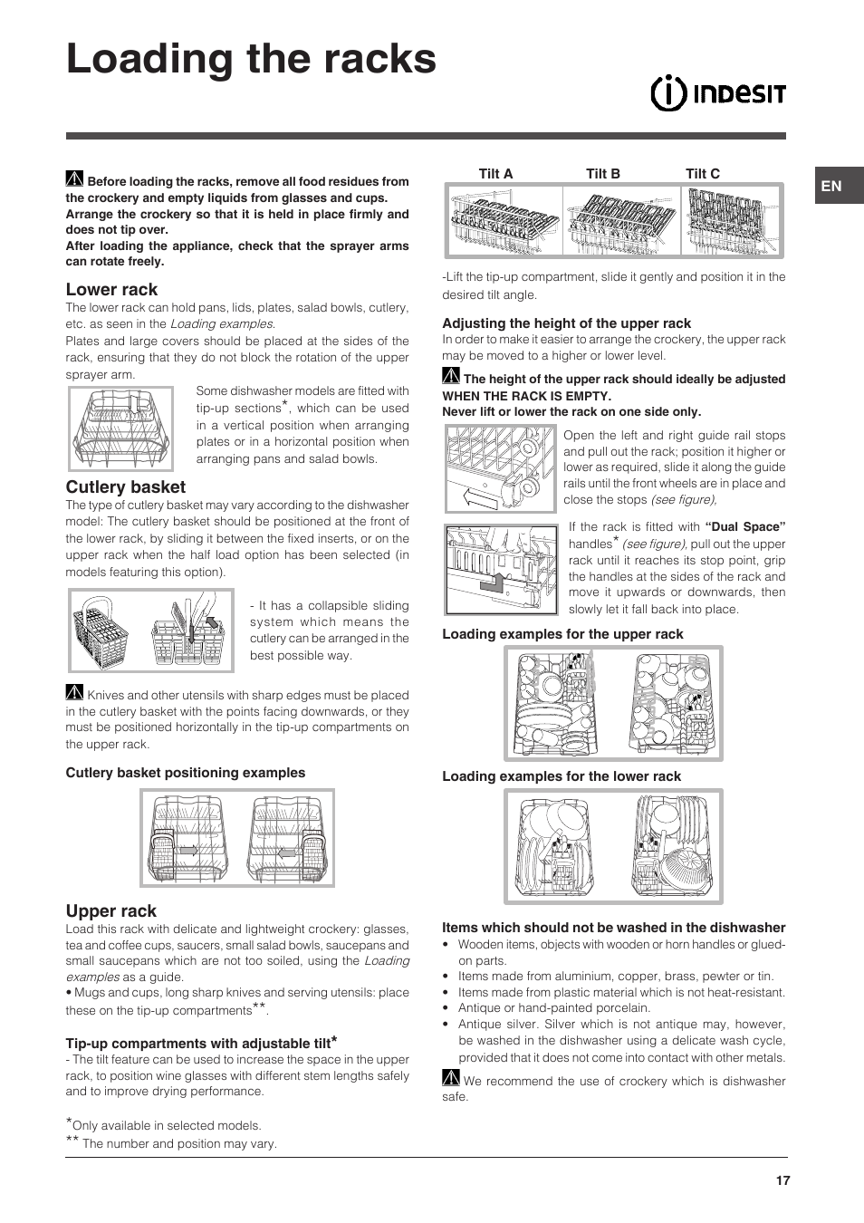 Loading the racks, Lower rack, Cutlery basket | Upper rack | Indesit DISP-547 User Manual | Page 17 / 76