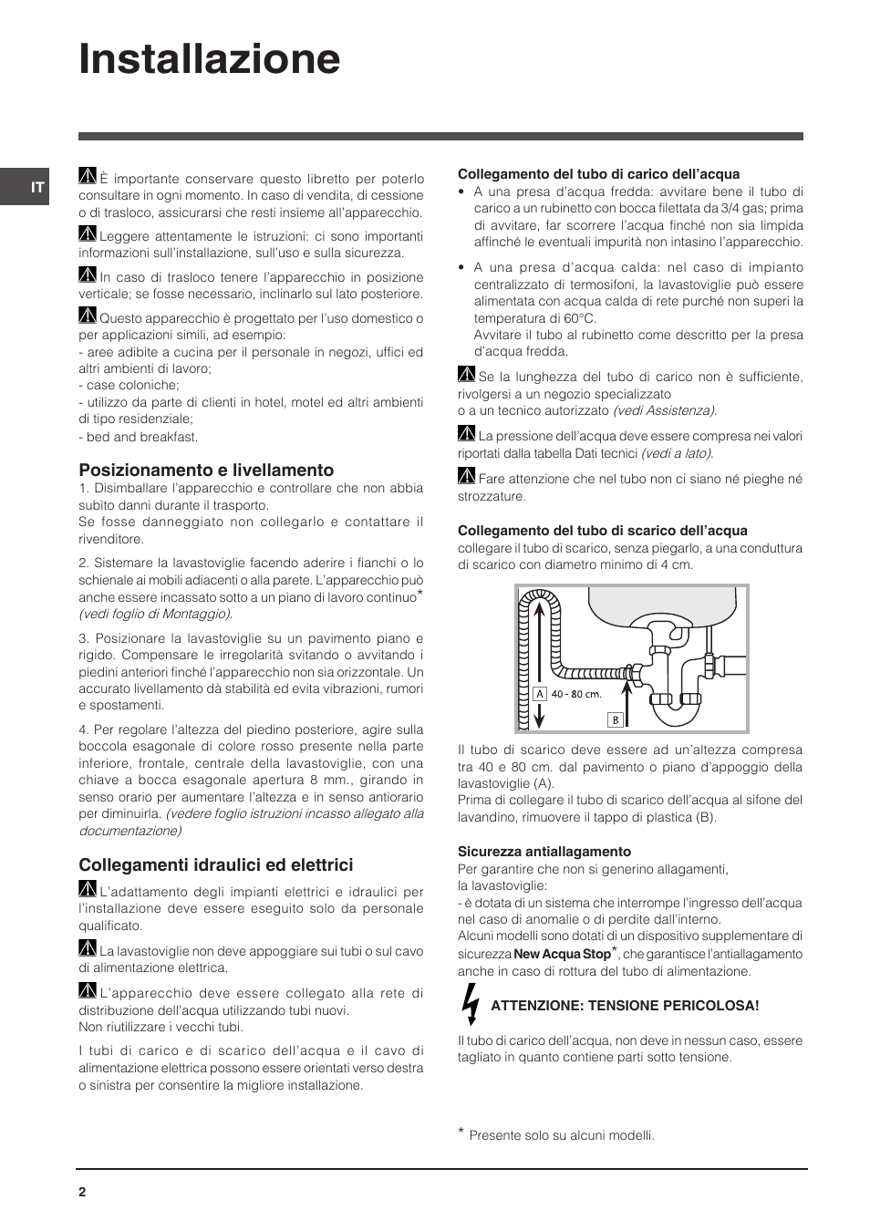 Installazione, Posizionamento e livellamento, Collegamenti idraulici ed elettrici | Indesit DISP-547 User Manual | Page 2 / 76