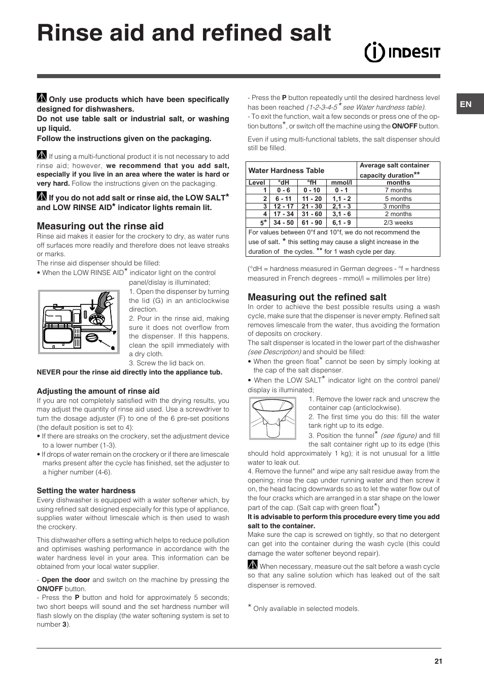 Rinse aid and refined salt, Measuring out the rinse aid, Measuring out the refined salt | Indesit DISP-547 User Manual | Page 21 / 76