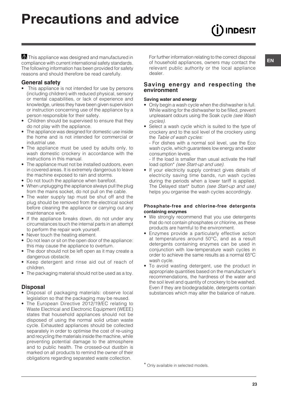 Precautions and advice | Indesit DISP-547 User Manual | Page 23 / 76