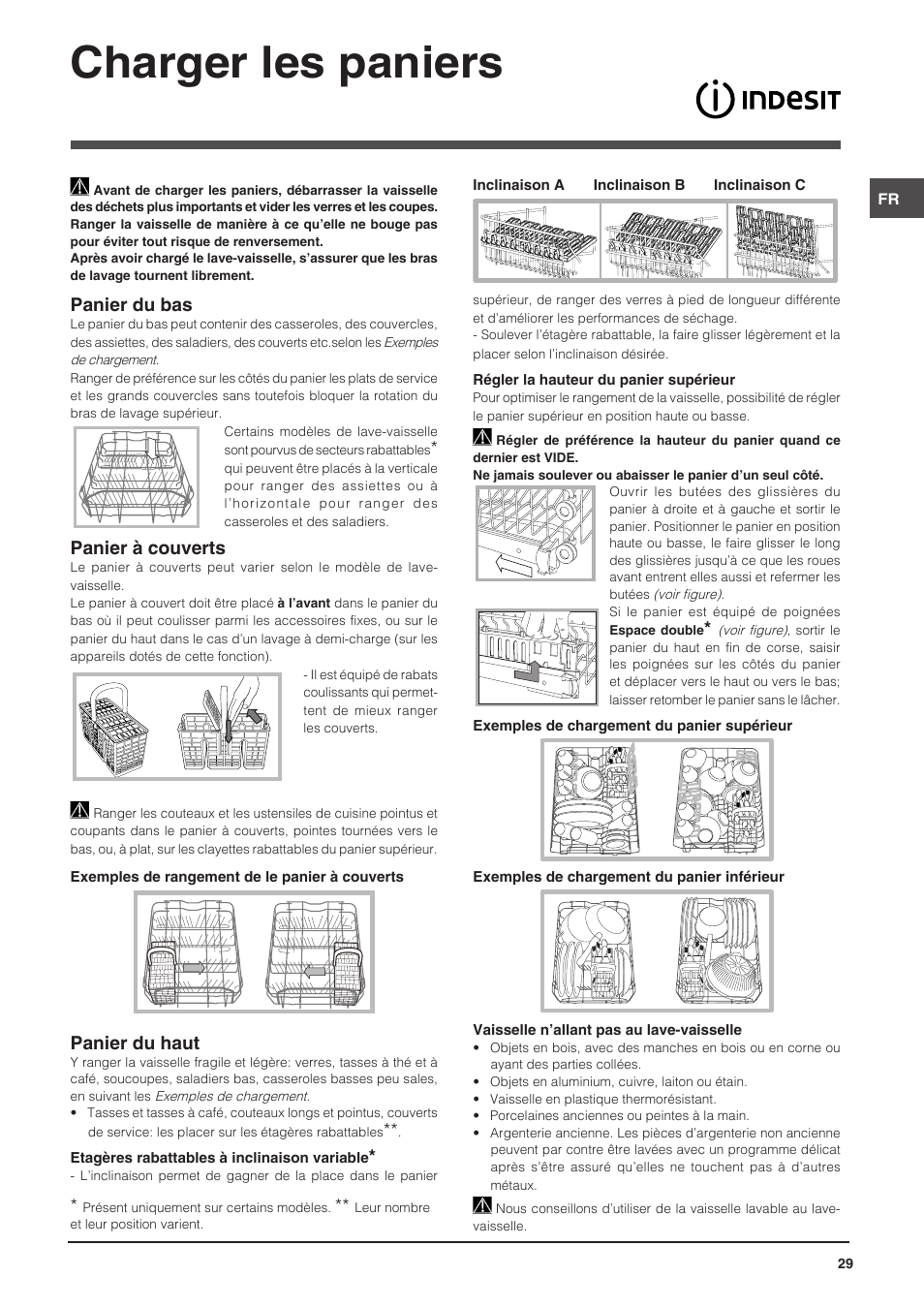 Charger les paniers, Panier du bas, Panier à couverts | Panier du haut | Indesit DISP-547 User Manual | Page 29 / 76