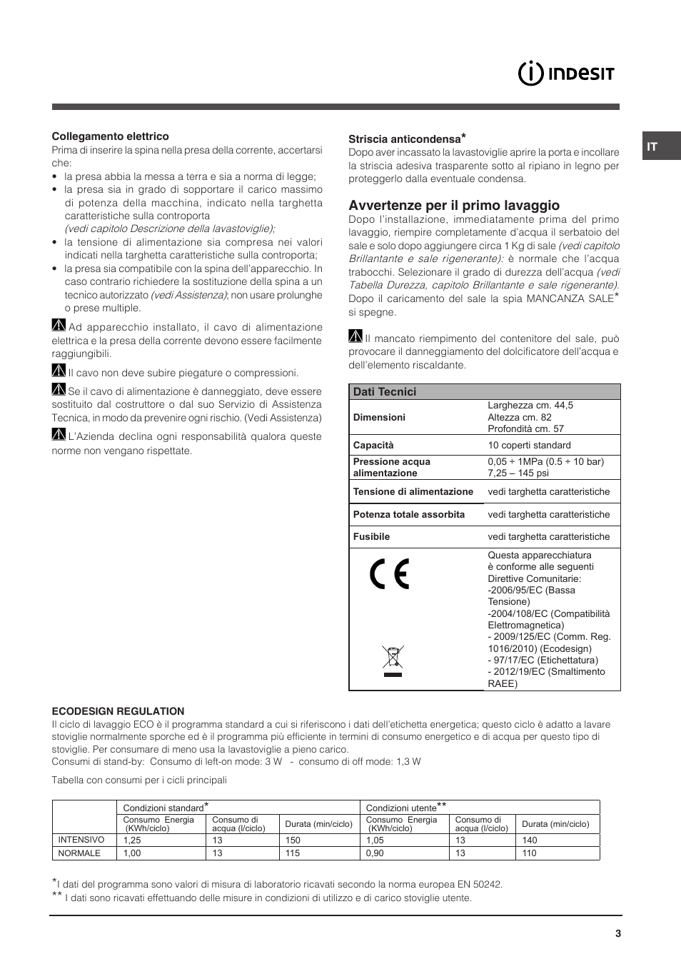 Avvertenze per il primo lavaggio | Indesit DISP-547 User Manual | Page 3 / 76