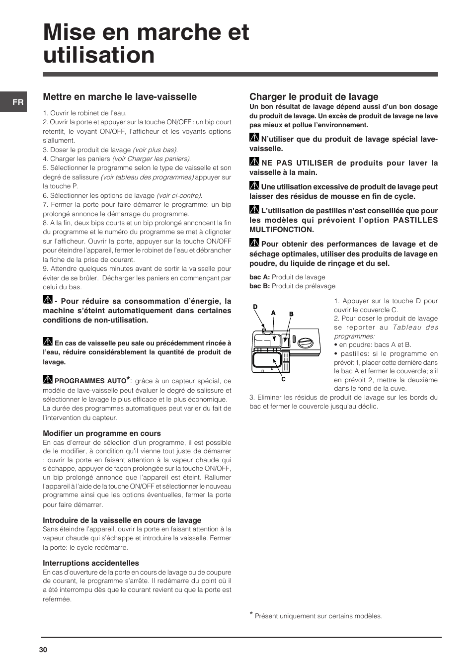 Mise en marche et utilisation, Mettre en marche le lave-vaisselle, Charger le produit de lavage | Indesit DISP-547 User Manual | Page 30 / 76