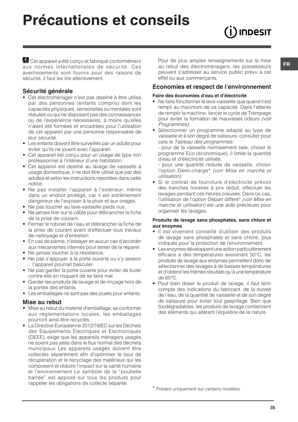Précautions et conseils | Indesit DISP-547 User Manual | Page 35 / 76