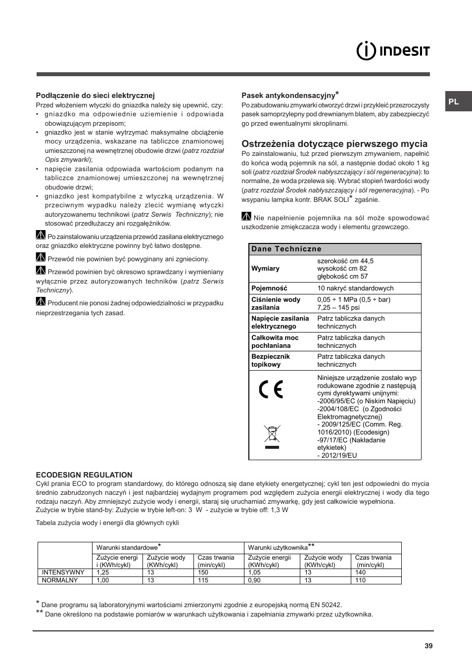 Ostrzeżenia dotyczące pierwszego mycia | Indesit DISP-547 User Manual | Page 39 / 76