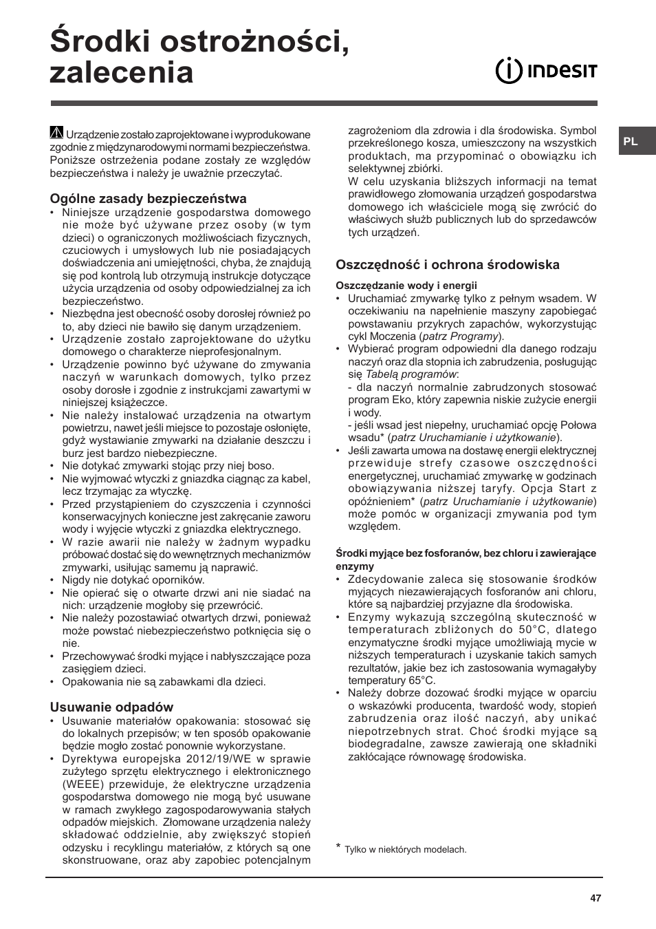 Środki ostrożności, zalecenia | Indesit DISP-547 User Manual | Page 47 / 76