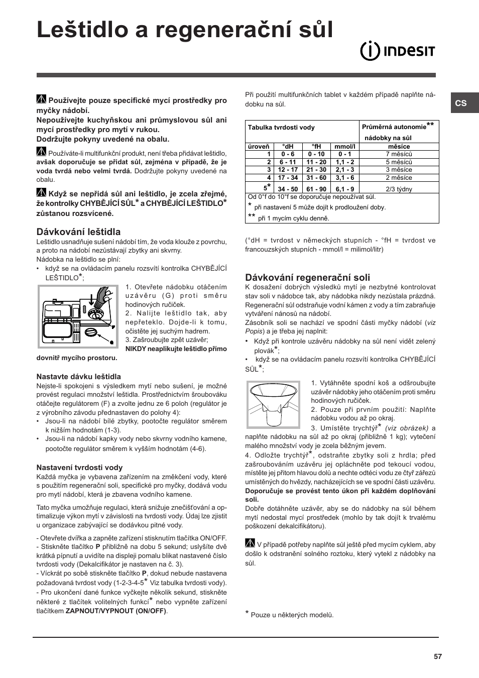 Leštidlo a regenerační sůl, Dávkování leštidla, Dávkování regenerační soli | Indesit DISP-547 User Manual | Page 57 / 76