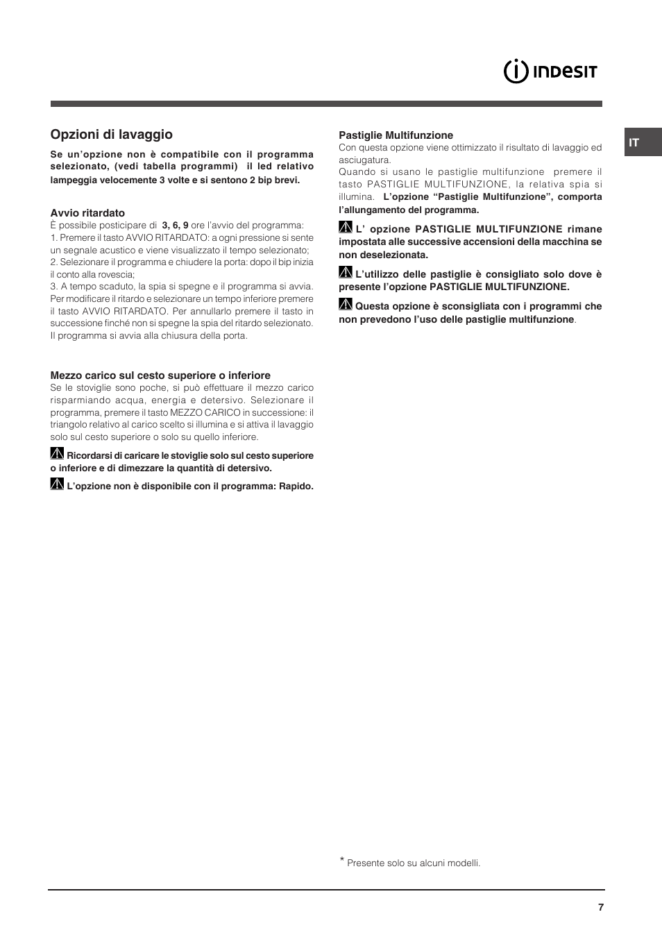 Opzioni di lavaggio | Indesit DISP-547 User Manual | Page 7 / 76