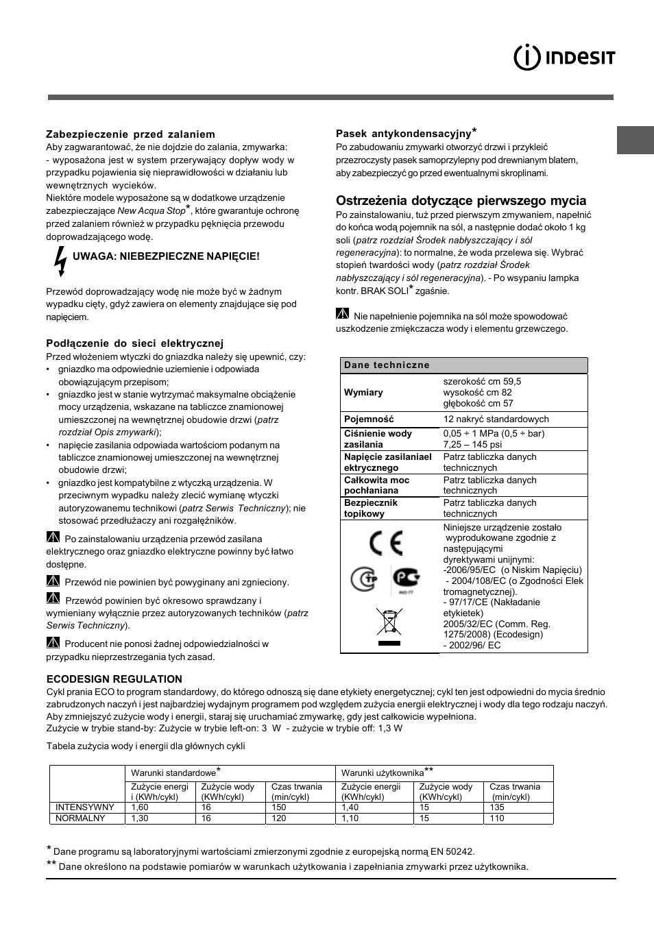 Ostrzeżenia dotyczące pierwszego mycia | Indesit DIF-14.R User Manual | Page 69 / 80