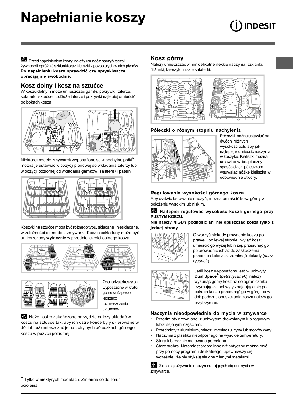 Napełnianie koszy, Kosz dolny i kosz na sztućce, Kosz górny | Indesit DIF-14.R User Manual | Page 71 / 80