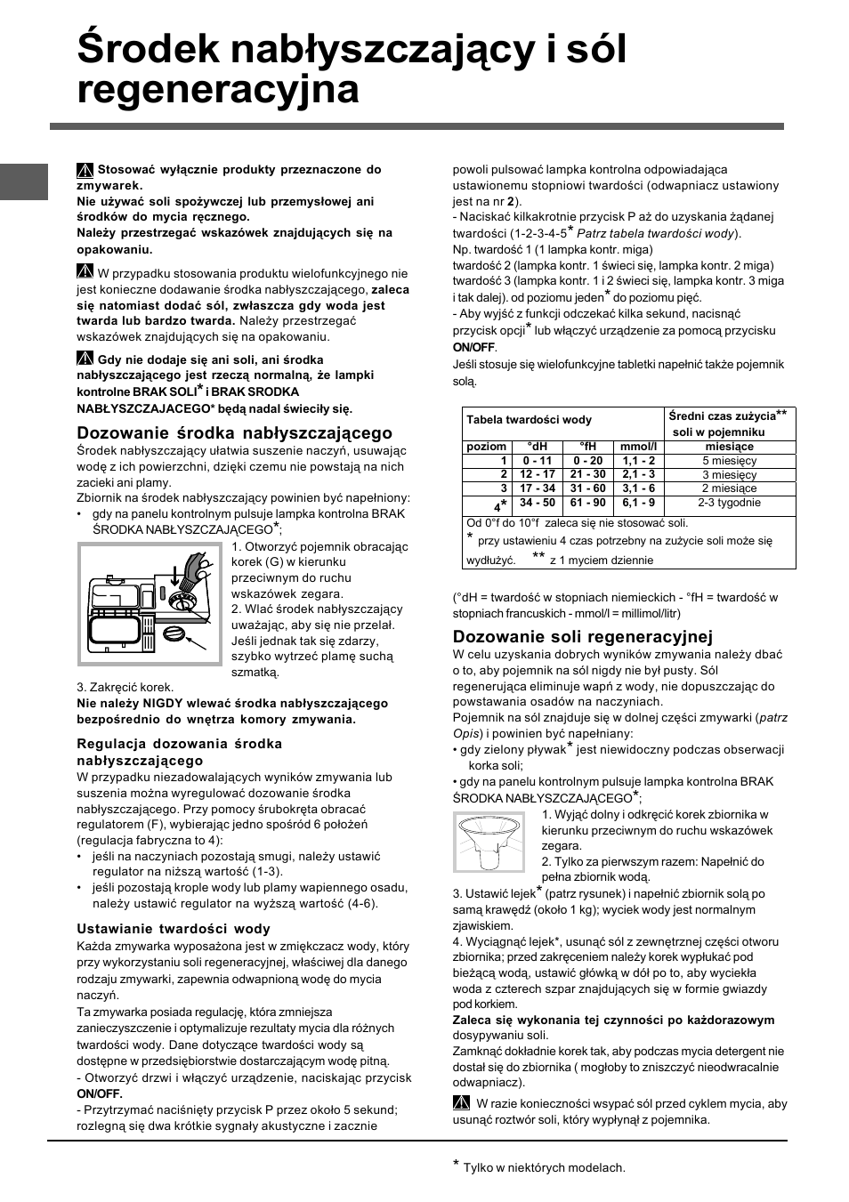 Środek nabłyszczający i sól regeneracyjna, Dozowanie środka nabłyszczającego, Dozowanie soli regeneracyjnej | Indesit DIF-14.R User Manual | Page 74 / 80