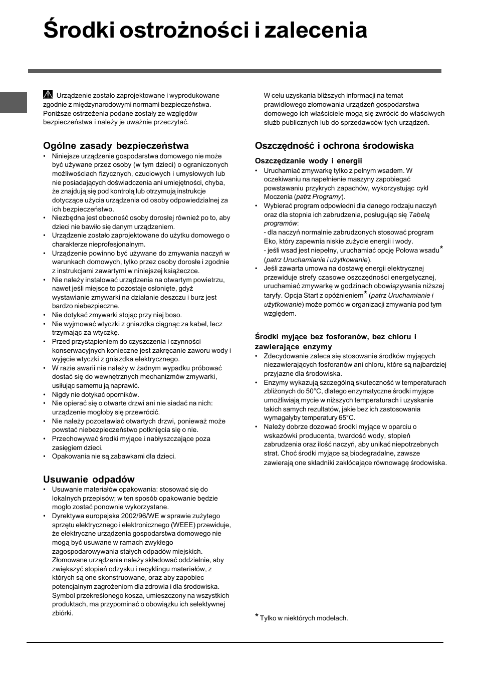 Środki ostrożności i zalecenia, Ogólne zasady bezpieczeństwa, Usuwanie odpadów | Oszczędność i ochrona środowiska | Indesit DIF-14.R User Manual | Page 76 / 80